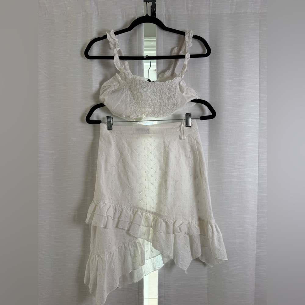Lioness REVOLVE White Eyelet Ruffle Crop Top & Asymmetrical Skirt Set | Size S - Picture 10 of 14